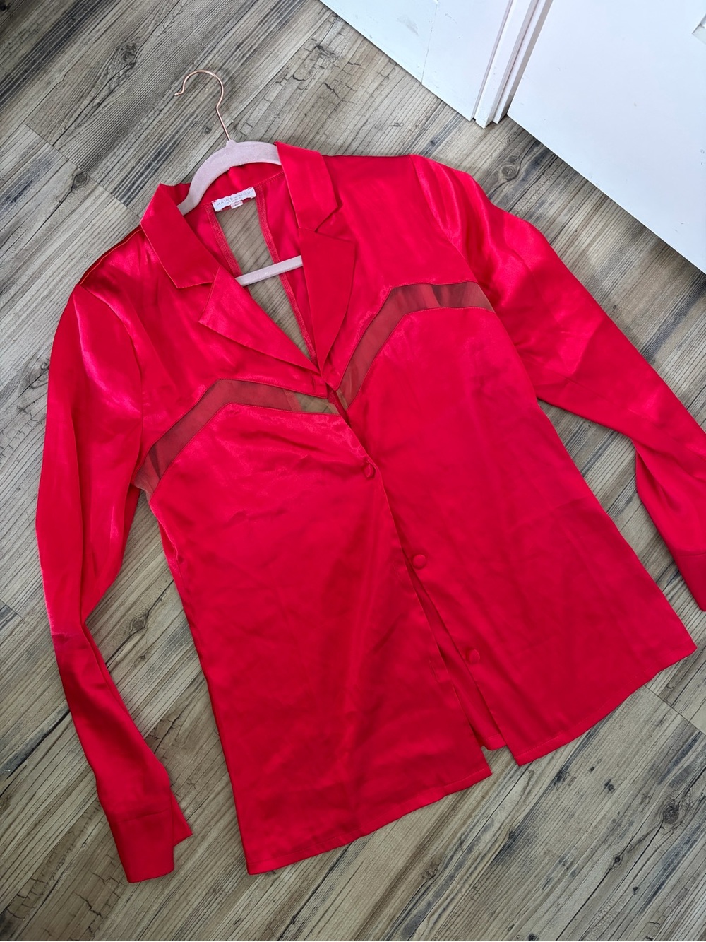 Maison Nou Silky Red Satin Button-Front Pajama Set with Sheer Insets